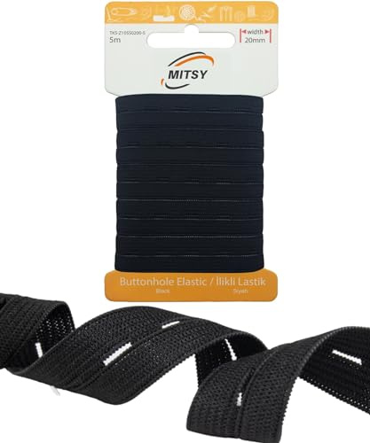 MITSY Reißfestes Knopflochgummiband Lochgummi 20 mm 5 m Schwarz | Knopflochgummi zum Nähen, Breit, Elastisch, Gummiband für Handarbeit, Hosengummi, Basteln & DIY, Langlebig & Formstabil