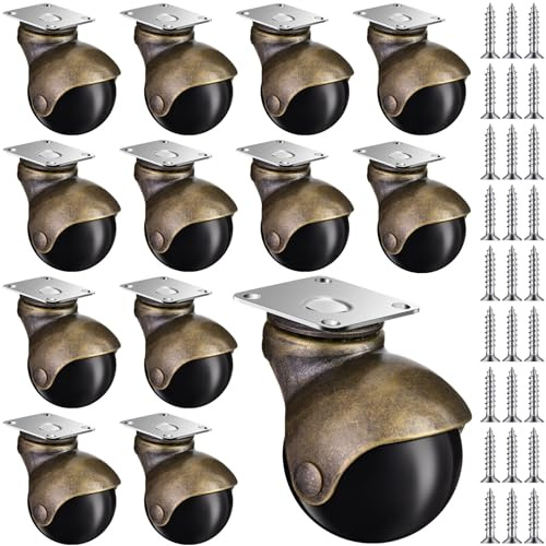 Datanly 12 Pack 2 Vintage Ball Caster Wheels 2 Inch Antique Brass Ball Casters Heavy Duty Caster Wheels for Furniture Cabinet Shelf DIY Chair Sofa Kitchen Cart Coffee Table 360° Swivel Plate Castors