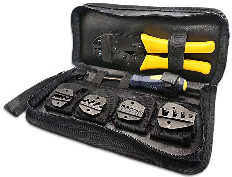 Pinza crimpatrice per cavi, isolante, 0,5-35 mm, pinza crimpatrice a cricchetto regolabile con cacciavite + 5 matrici + custodia per il trasporto