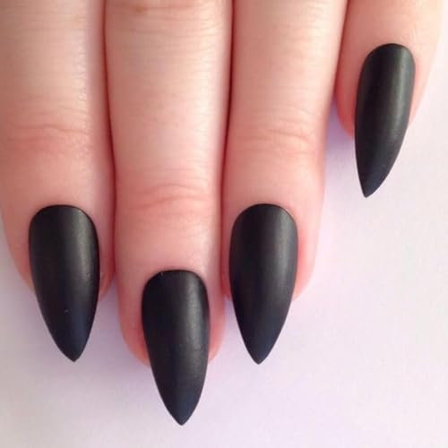 MouyouGlow Press on Nails Kurz,Almond Schwarz Einfarbige Mattiert Halloween Fake Nails Kunstnägel mit Nagelkleber,Black Solid Matt Künstliche Fingernägel