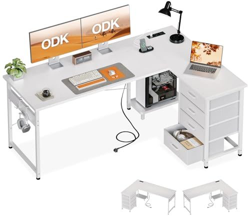 ODK Hörnskrivbord med 4 Tyglådor, 155x110cm, Vit | 4 Förvaringslådor, L-formigt Bord med Hyllor, Reversibel Design, USB och Inbyggda Eluttag för Hemmakontor