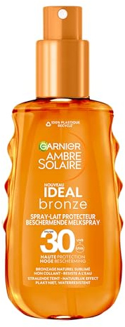 GARNIER Ambre Solaire Ideal Bronze - Spray Lait Protecteur FPS 30 - Protège des UVA & UVB - Sublime Le Bronzage - Prévient Le Vieillissement - Résiste à L'eau - Tous Types de Peaux - 150 ml