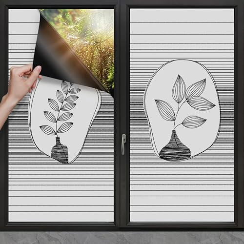 Fensterfolie Schwarz Gestreifte Blätter Fensterfolie Blickdicht Anti-UV Sichtschutzfolie Fenster Milchglasfolie Zuhause Büro Folie Fenster Sichtschutz Window Film 2 Stück/60x200cm