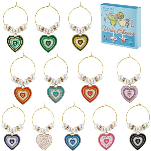 SUNNYCLUE 1 Box 12Pcs Valentines Day Wine Glass Charm Wine Markers Charms Drink Charms Bulk Love Glass Identifiers Heart Drink Name Tags for Gathering Wedding Holiday Party Favor Drinks Decor Supplies