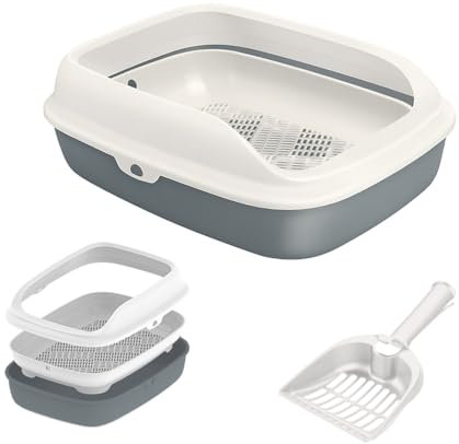 Jumbo Cat Litter Tray with Sifting, Cat Litter Tray for Wooden Pellet Litter, Plastic Open Cat Litter Box with Raised Rims and Detachable Rim, Litter Tray with Scoop, 57.5 x 44 x 19 cm