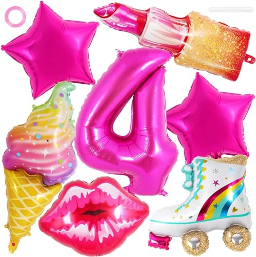Folienballon Lippen, 6pcs geburtstagsdekoration 4 jahre,Lippenstift Ballon, Eiscreme Ballons, Ballon Rollschuhe, Stern Ballons, Geeignet für Geburtstagsballons für 4-Jährige Mädchen