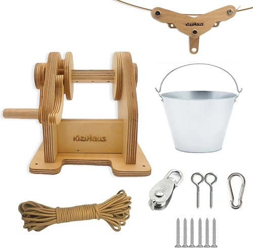 kizihaus Bucket Pulley Kit for Kids – All-in-One Hand Winch, Cable Trolley & Pulley System for Loft Beds, Playhouses, Treehouses