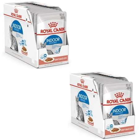 Royal Canin Indoor Sterilised en Salsa | Paquete Doble | 2 x 12 x 85 g | Alimento Completo para Gatos Adultos Que Viven en Interior | para Gatos esterilizados | Bocaditos en Salsa