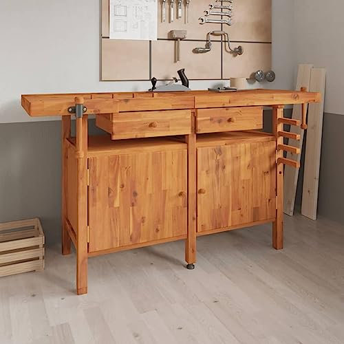 Homgoday Arredamento Banco Lavoro Cassetti e Morse 162x62x83cm Legno Massello Acacia, Banco Tavolo da Lavoro per Garage Officina con armadietto