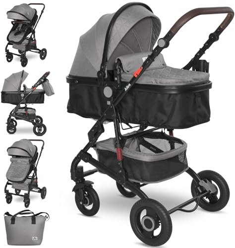 Lorelli Kinderwagen Alba 2 in 1 mit Federung, Umwandelbar in Sportsitz, Baby Kombikinderwagen bis 15kg, Zusammenklappbar, Große Gummireifen, Großer Einkaufskorb, Organizer Tasche, Hellgrau