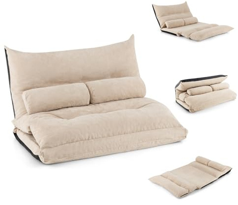 GOPLUS Golvsoffa med sovfunktion, 3-i-1-bäddsoffa med justerbart ryggstöd, kudde och skum, lastkapacitet 150 kg, hopfällbar soffa för vardagsrum och sovrum (beige)