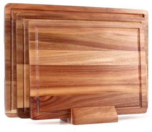 Extra Large Acacia Wood Cutting Board Set of 3 Wooden Chopping Board with Holder Fruit Cutting Boards Charcuterie Boards for Kitchen Bread Cheese Serving Board Meat Cutting Board Carving Board