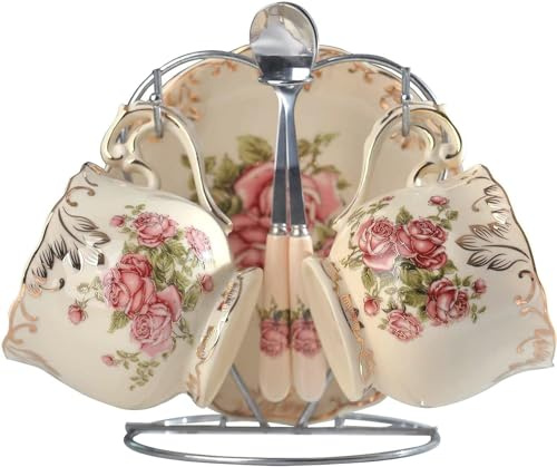 ZFQ Tasse de Tasse à thé en céramique avec cuillère, porcelaine anglaise Motif fleurs rose vintage rétro pour thé, café, tasses à thé, tasses à café florales,pour 2 personnes