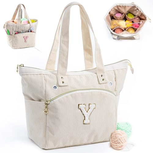 Bolsa de ganchillo personalizada con inicial, almacenamiento de bolsas de hilo de pana, soporte de hilo para ganchillo, organizador de ganchillo para ganchillo, accesorios de ganchillo, bolsa de