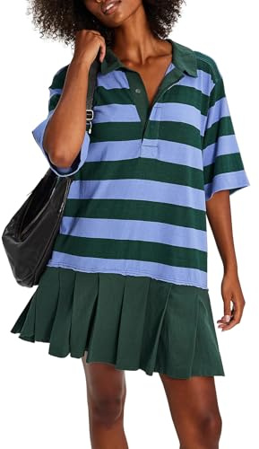 Loafawes Womens Polo Dress 2025 Short Sleeve Striped V Neck Pleated Summer Casual Golf Tennis Sports Mini Shirt Dresses Green