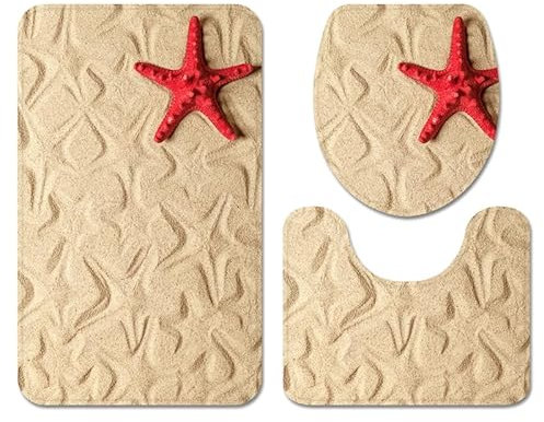 Badezimmermatte Rote Beige Sterne Bath Mat 3 Teilig Bad Teppiche Set Saugfähig Badmatte rutschfeste Badematte Waschbar Badezimmerteppich Badvorleger Set Langlebig Badteppich 50x80cm