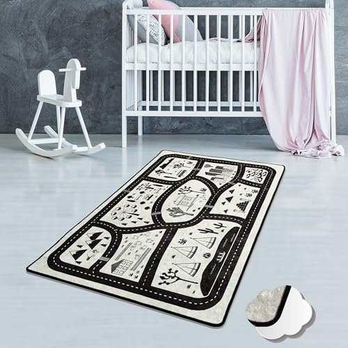 Bosdela Kinderteppich - und Babyteppiche – Vielfältige Designvariationen, waschbar, rutschfest, weich, ideal für Kinderzimmer & Spielzimmer 100x160 cm Schwarze Stadt