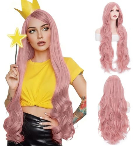 PARXITN Hårperuker för kvinnor 100 cm lång lockig baby rosa syntetisk peruk justerbar medium del anime peruker för cosplay party daglig användning