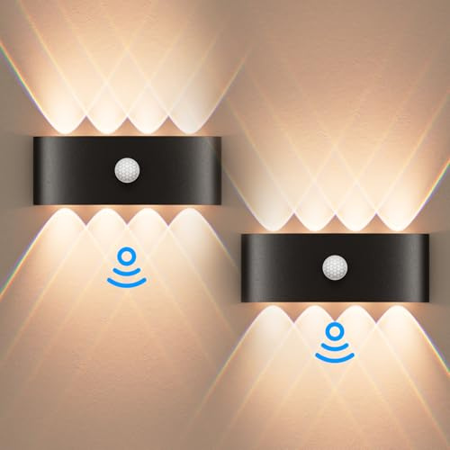 Kinamy Outdoor Wall Light, Indoor Motion Detector Lamp, 8W, Bedroom Wall Light 3000K Warm White, Waterproof IP65, Balcony, Stairs, Living Room, 2 Pieces, Black