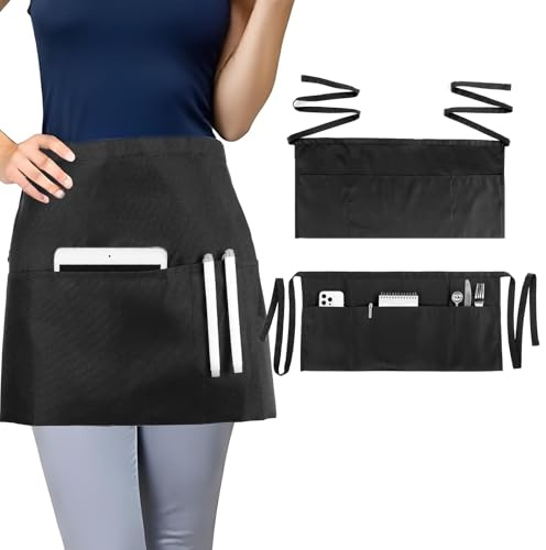 Oruola 60 x 30 cm Kellner Schürze mit 3 Taschen, Kellnerschürze, Unisex | Polyester Wasserdicht, Kellnerschürze Schwarz für Familie,Restaurant,Grillen,Kochen,Reinigung,Bar,Café