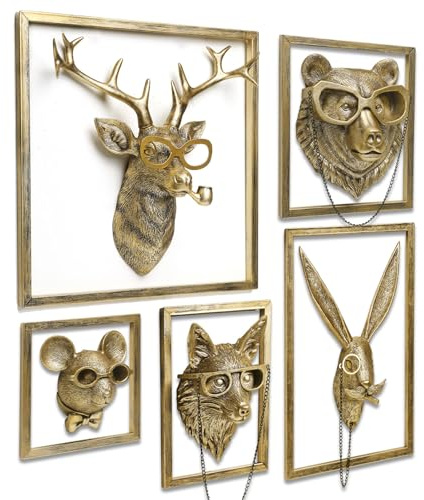 Newinhome 5 Stück Tierköpfe Wanddekoration (Geschenk Metallrahmen) Harz Tiere Skulpturen Kopf Wandbehang Dekor Gold Vintage Wandskulptur für Wohnzimmer Schlafzimmer Büro
