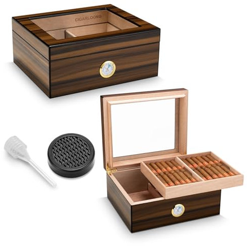 Humidor aus Zedernholz mit Luftbefeuchter und Hygrometer, doppellagige Struktur für 40 bis 50 Stück, Zigarren nicht im Lieferumfang enthalten (Mitte)