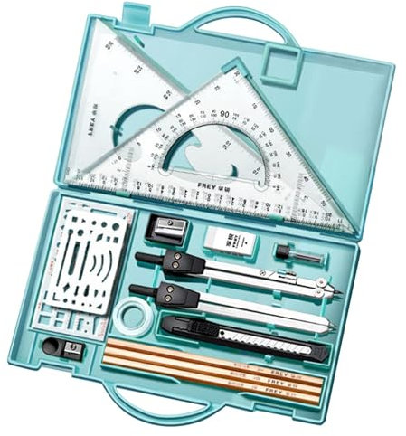 Kit da disegno, set goniometro e compasso - set righello e compasso, set goniometro e compasso, set geometria righello e compasso in metallo (con custodia) - righello triangolare, set strumenti geomet