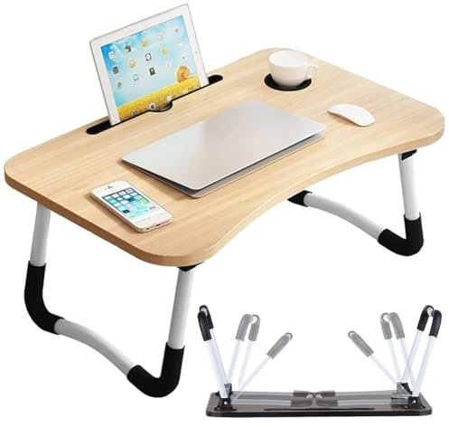 Tavolo pieghevole per computer portatile con porta tablet e porta bevande, tavolo da letto portatile 60 x 40 cm, gambe antiscivolo, salvaspazio, stabile scrivania per casa, ufficio, lavoro (Beige)