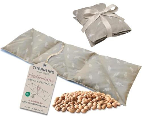 Theraline Cuscino con noccioli di ciliegia allungato, cuscino termico per collo, spalle e schiena, con 6 camere e rivestimento in 100% cotone, adatto al microonde, 55 x 20 cm (danza delle foglie,