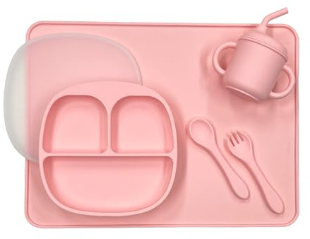 Personaliza tu juego de comida de silicona Babyjart con el nombre de tu bebé, libre de BPA, apto para lavavajillas (rosa pastel)