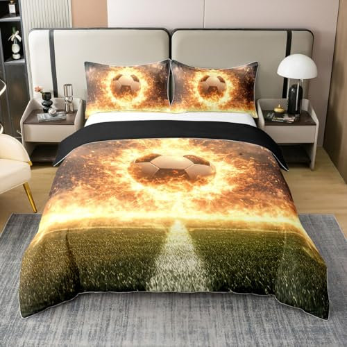 Loussiesd Juego de ropa de cama con diseño de balón de fútbol, regalo para los amantes del fútbol, 100 % algodón, funda de edredón Super King, juego de ropa de cama de juego deportivo, colección de