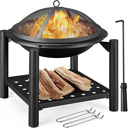 Steel Fire Pit with Firewood Rack - Sturdy Heat Resistant Outdoor Heater for BBQ Campfire Camping Picnic - Black