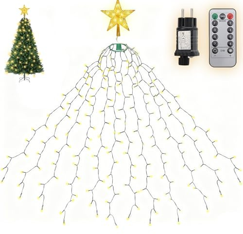 SALCAR 2m Weihnachtsbaum Lichterkette mit Ring, 12 Girlanden und Weihnachtsbaumspitze Stern mit Fernbedienung, 430er LED Christbaumbeleuchtung für 150cm bis 240cm Tannenbaum, Warmweiß