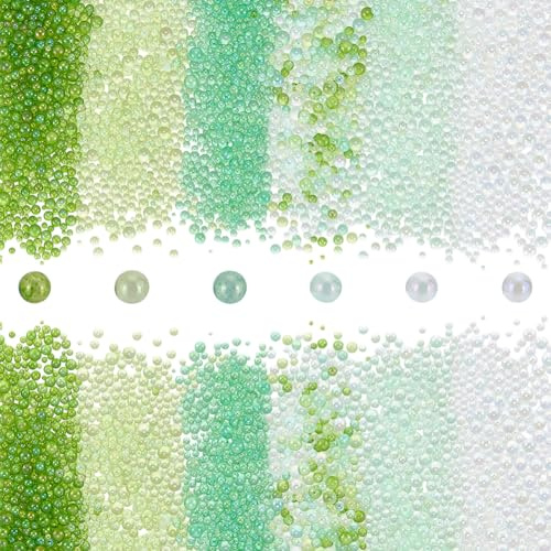 PH PandaHall 8640pcs Glass Bubble Beads Green Glass Seed Bead No Hole Micro Caviar Beads Iridescent Water Droplets Resin Inclusion Filler Tiny Bead for Crafts Nail Arts Jewellery Making, 0.3-3mm