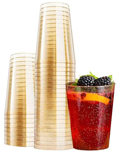 YWKJDDM Lot de 30 gobelets en plastique avec paillettes dorées - Réutilisables - Élégantes - Pour anniversaire, mariage, cocktail, boisson (350 ml)