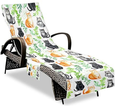 JUMBEAR Grey Orange Cat Portable Beach Towel, Beach Chair Cover Towel with Pockets, Sun Lounger Beach Towel, Microfiber Chaise Lounge Towel Cover for Summer Outdoor Garden Pool Vacation Travel