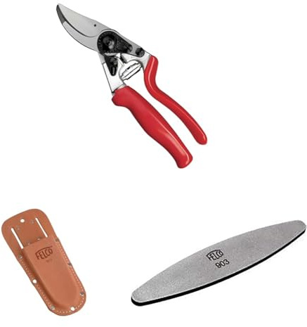 FELCO 12 Rollgriff-Gartenschere mit Lederholster 910+ und Schärfwerkzeug 903 – Kompaktes Set für kleine Hände, hoher Komfort und präzise Schnitte