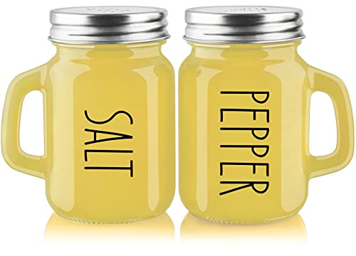 Yellow Salt and Pepper Shakers Set - Yellow Kitchen Decor and Accessories for Home Restaurants Wedding - Glass Salt and Pepper Set for Cooking Table, RV, BBQ, Easy to Clean & Refill