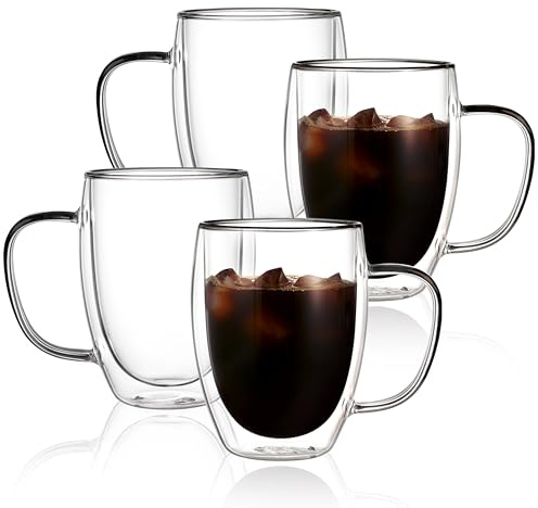 CNGLASS 350ml Double Walled Glass Coffee Mugs,Insulated Glass Mugs with Handle,Clear Espresso Cups for Latte,Cappuccino,Tea Bag Set of 4