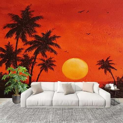 Sala Papel Pintado Fotomurales 350x256 cm Vista Al Mar Al Anochecer Mural de Pared Moderno Color Naranja Papel Pintado Tejido no Tejido Dormitorio Estudio Decoración Fotomurales