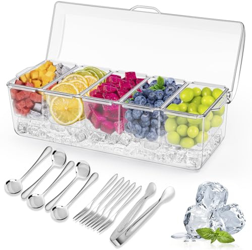 Bgtecho Condiment Tray, Large Ice Chilled Condiment Server Caddy with Lid, 5 Removable Compartment, Clear Garnish Serving Platter with Stainless Steel 5 Spoons 5 Forks 1 Clip for Bar Fruit Salad Food