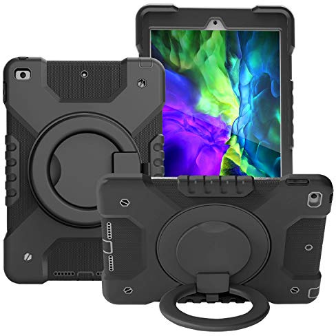 Tablettskydd Tablet Väska till iPad 10.2 2019/2020, Barn Slitstarkt stötskyddat skyddskåpa, med vikhandtag, roterande kickstand, bär axelrem(Black+black)