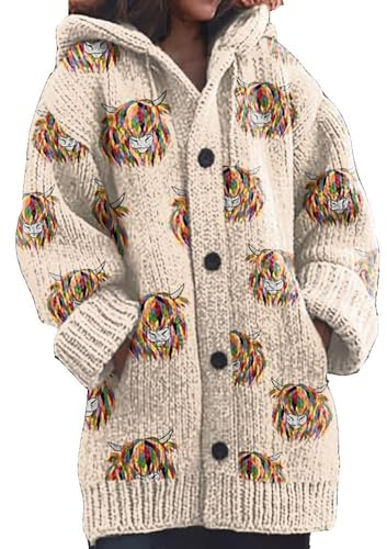 Qiribati Womens Highland Cow Print Knitted Cardigan Casual Highland Cow Sweater Christmas Cow Cardigan for Women (Yellow,3XL)