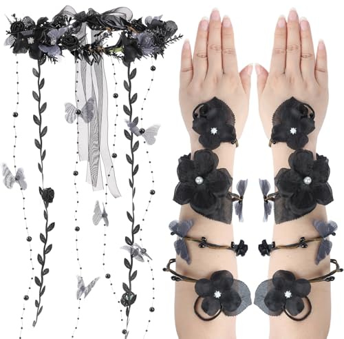 ETOFETE Elfen Kopfschmuck Blumen Haarreif und Armwickel mit Schmetterling Ranken, Karneval Waldfee Kostüm Damen Cosplay