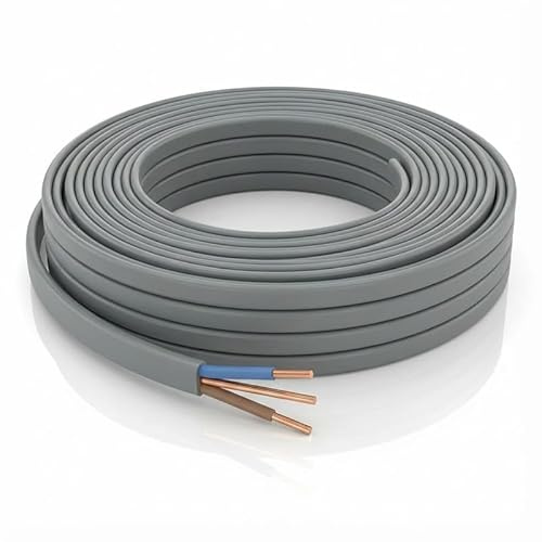 LampStation 6242Y Twin and Earth Cable 2.5mm Socket Wire 2 Metres | BASEC approved to BS 6004, grey flat PVC sheathed solid copper, 300/500V, for ring main and radial electrical circuits