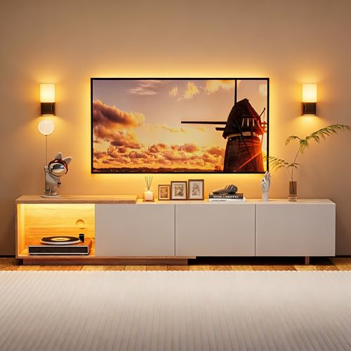 Julyue Mueble TV Extensible 163-240 cm, Mueble Bajo con LED Sensor, USB y Pasacables, 3 Cajones de Apertura a Presión, para Televisor hasta 75 Pulgadas