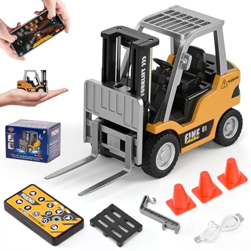LTFIOON Mini Carretilla Elevadora RC, 1:64 Juguete de Carretilla Elevadora Teledirigida con App y Mando 2,4 GHz, Horquillas y Gancho, Vehículo de Construcción RC con Luces y Sonido