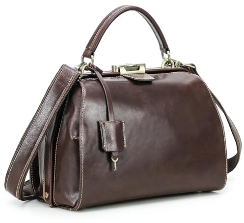 Äkta läder läkarväska handväska för kvinnor, stöldsäker topphandtag skolväska handväska med säkerhetslås, designer vintage stil crossbody axelväska, Mörkbrun- L, 29.5 X 15.5 X 21.0 Centimeters