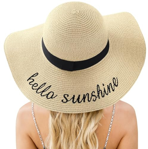 Cappello da Sole da Donna in Paglia, Cappello da Spiaggiaa Estivo a Tesa Larga, Cappelli di Paglia Pieghevoli, Protezione UV UPF 50+, per le Donna in Spiaggia, in Viaggio e in Vacanza (Beige)