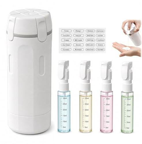 4 in 1 Travel Bottle Dispenser, Refillable,Travel Toiletries Bottle for Shampoo Lotion Conditioner Cream,Leakproof Portable Container with Scale & Label Business Flights Trips Gym Camping(White)
